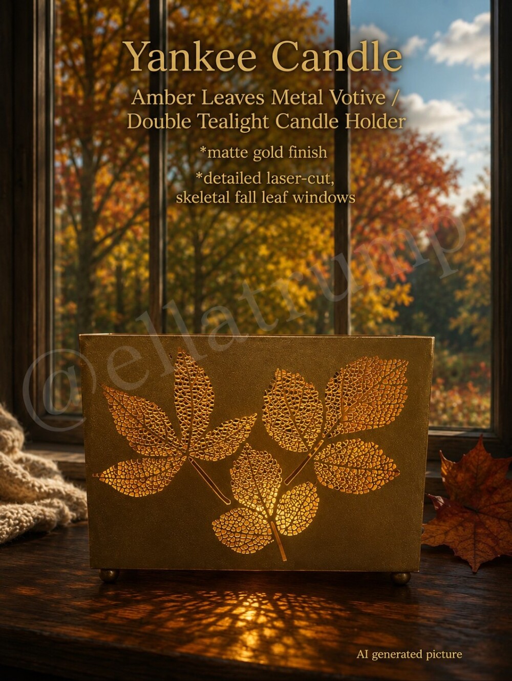 Yankee Candle Double Amber Leaves Metal Votive / Tealight Metal Candle Holder